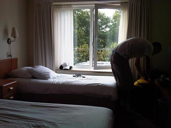 Ryder Hesjedal is hard at work re-arranging the hotel room.