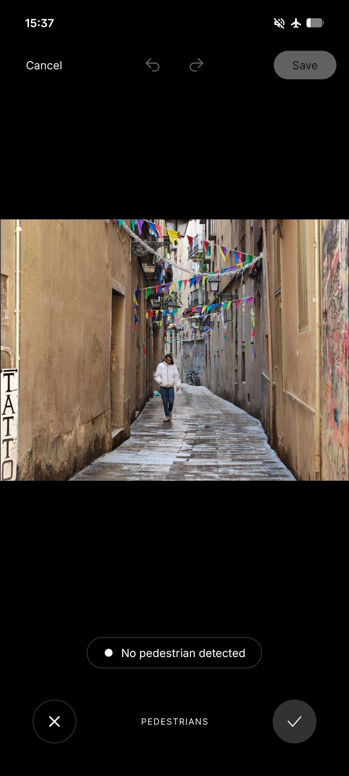 Screenshot of the Nothing Phone (4a) AI editing tool showing &ldquo;No pedestrian detected&rdquo; while attempting to remove people from a street photo.