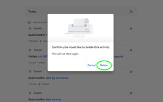 How to delete Google Search history - 'Confirm you would like to delete this activity' with 'Delete' highlighted.
