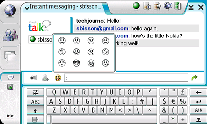 You can chat on any Jabber-compatible IM system, complete with emoticons.