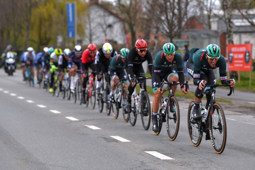 SCHOTEN BELGIUM APRIL 07 Pascal Ackermann of Germany Nils Politt of Germany and Team Bora Hansgrohe during the 109th Scheldeprijs 2021 Mens Elite a 1942km race from Terneuzen to Schoten Breakaway SP21 FlandersClassic on April 07 2021 in Schoten Belgium Photo by Luc ClaessenGetty Images