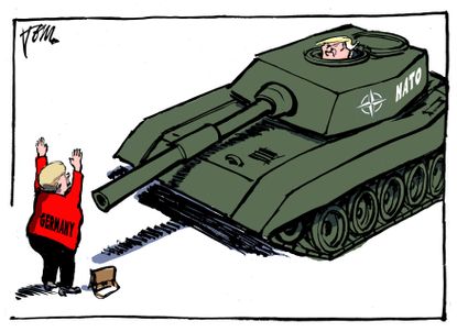 Political Cartoon U.S. Trump NATO summit Angela Merkel Germany