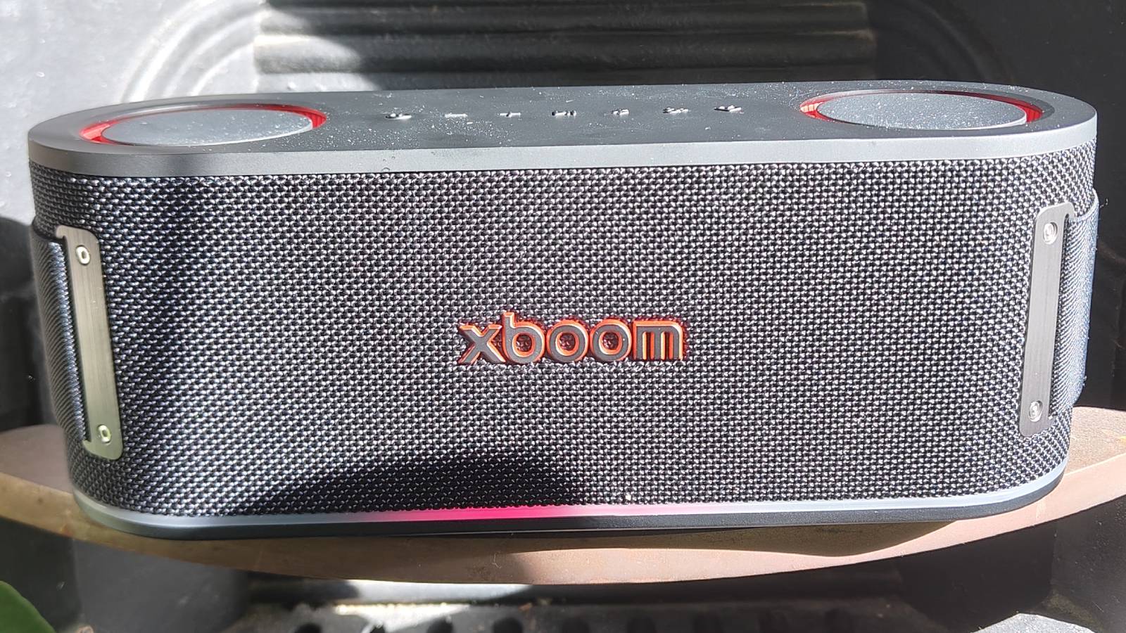 The LG xBoom Bounce by a leafy plant on a shelf.