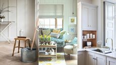 Three images of spring interiors, including cleaning supplies, a living room and a clean kitchen