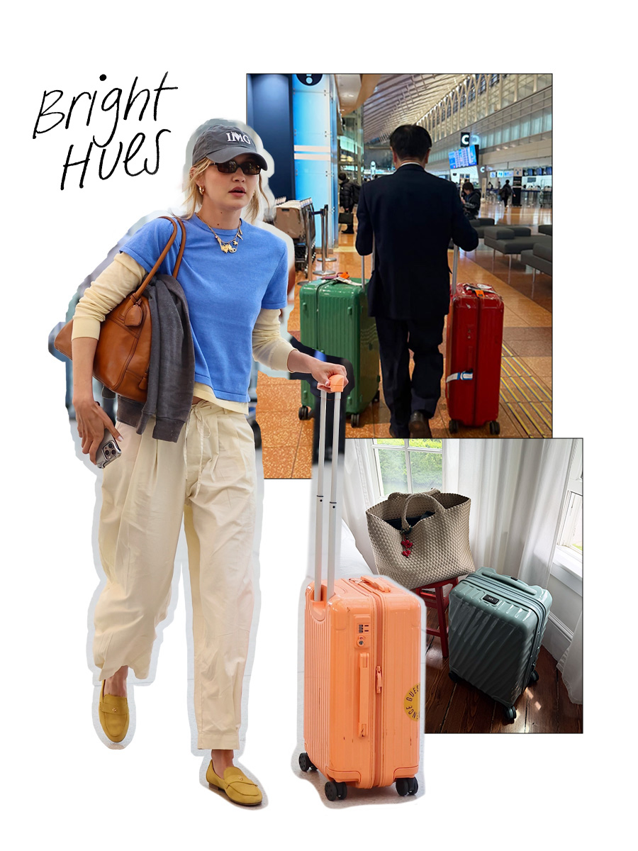 a collage of celebrity and influencer imagery featuring the biggest luggage trends of 2026