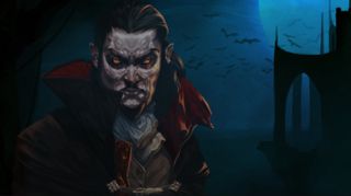 Big Vlad Dracula himself, looking at camera with blue night sky and castle in background