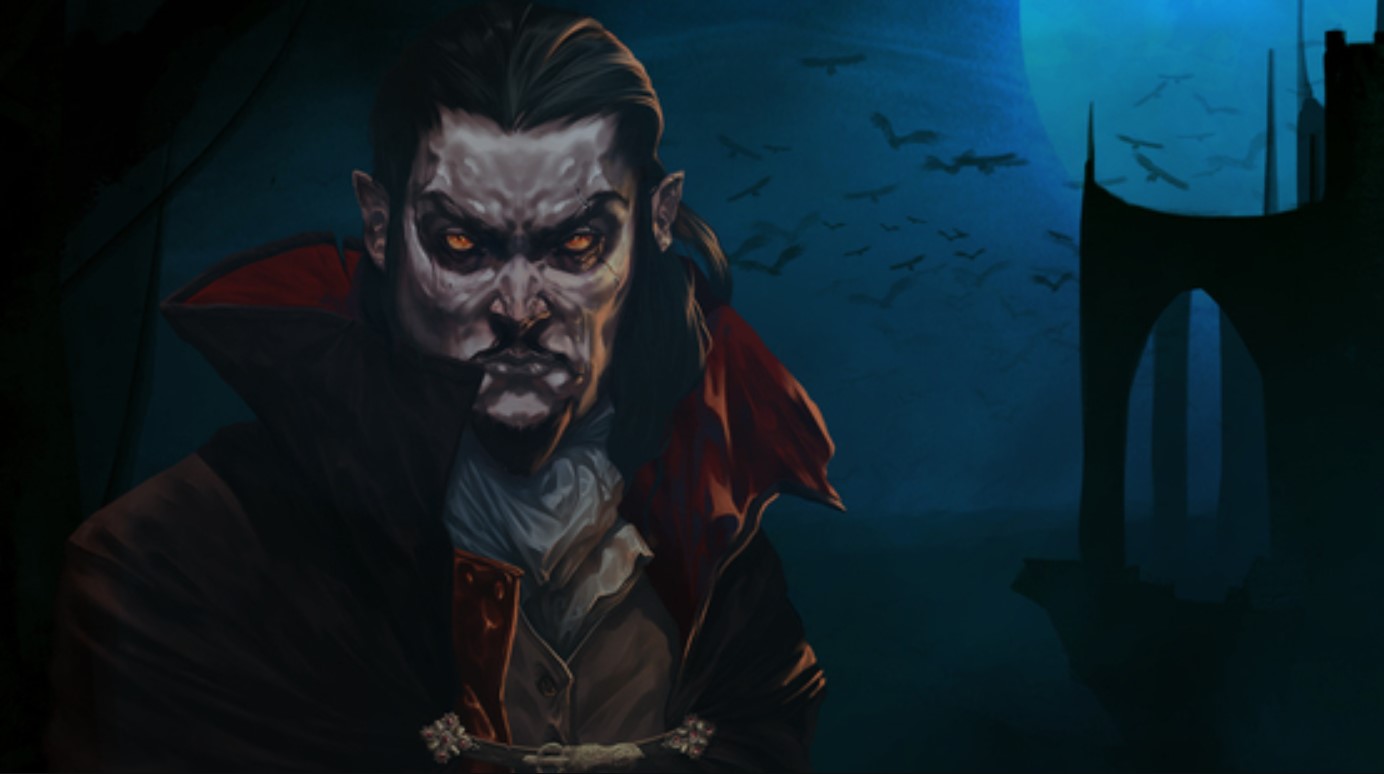 Big Vlad Dracula himself, looking at camera with blue night sky and castle in background