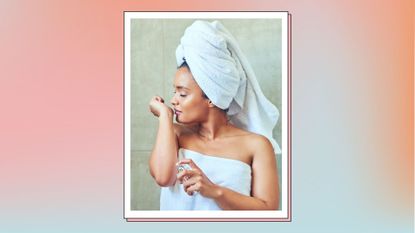 A woman wearing a towel, smelling her wrist after just spraying perfume on it/ in an orange and blue gradient template