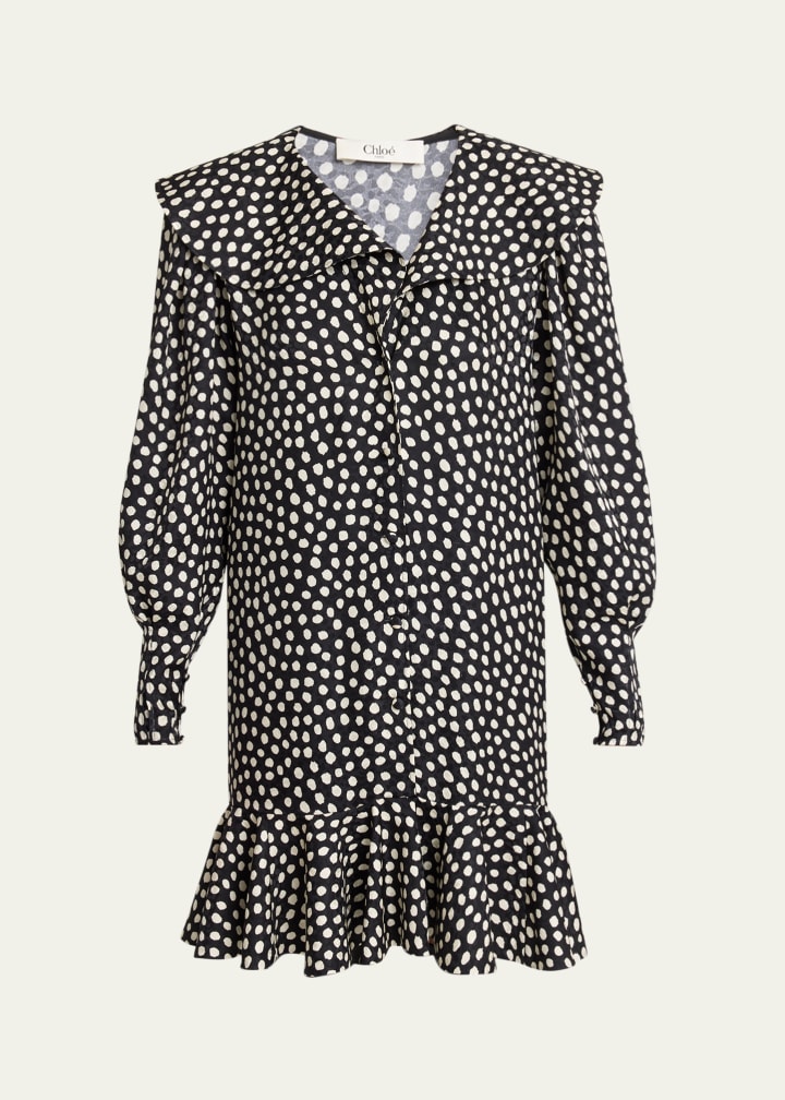 Dots-Print Silk Jacquard Capelet Long-Sleeve Mini Dress