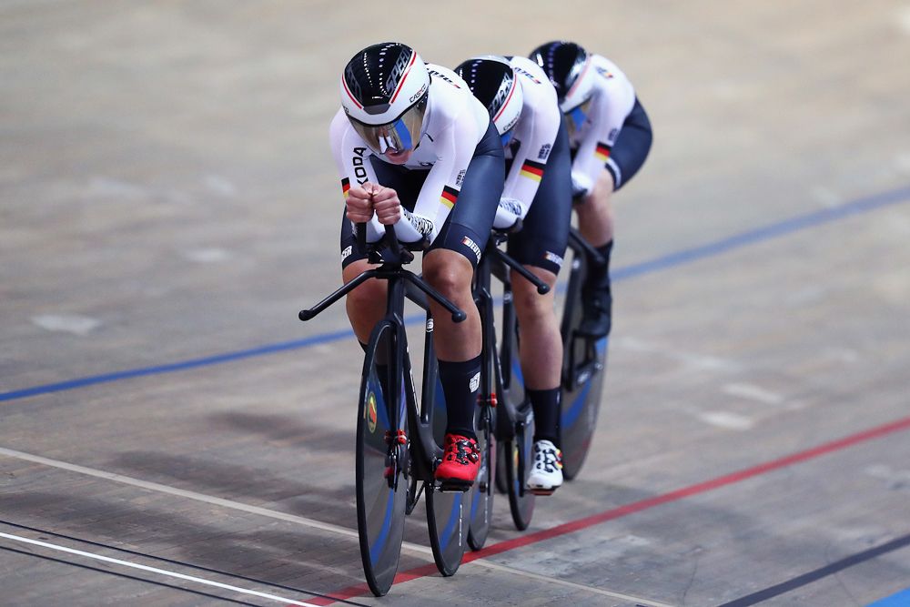 Charlotte Becker, Franziska Brausse, Lisa Brennauer and Lisa Klein of Germany compete in the Women's team pursuit qualifying on day one of the UCI Track Cycling World Championships