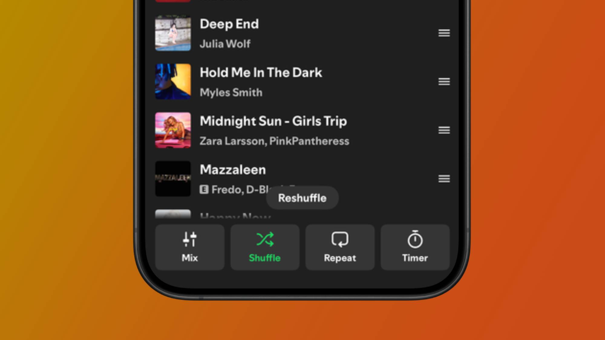 A smartphone showing the reshuffle button in a playlist queue in the Spotify app