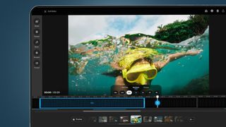 A laptop screen showing a scuba diving video being edited in the GoPro Quik desktop app