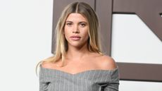 We know exactly how to style shelves like Sofia Richie. The model is pictured here on the red carpet in an off the shoulder gray pinstripe suit