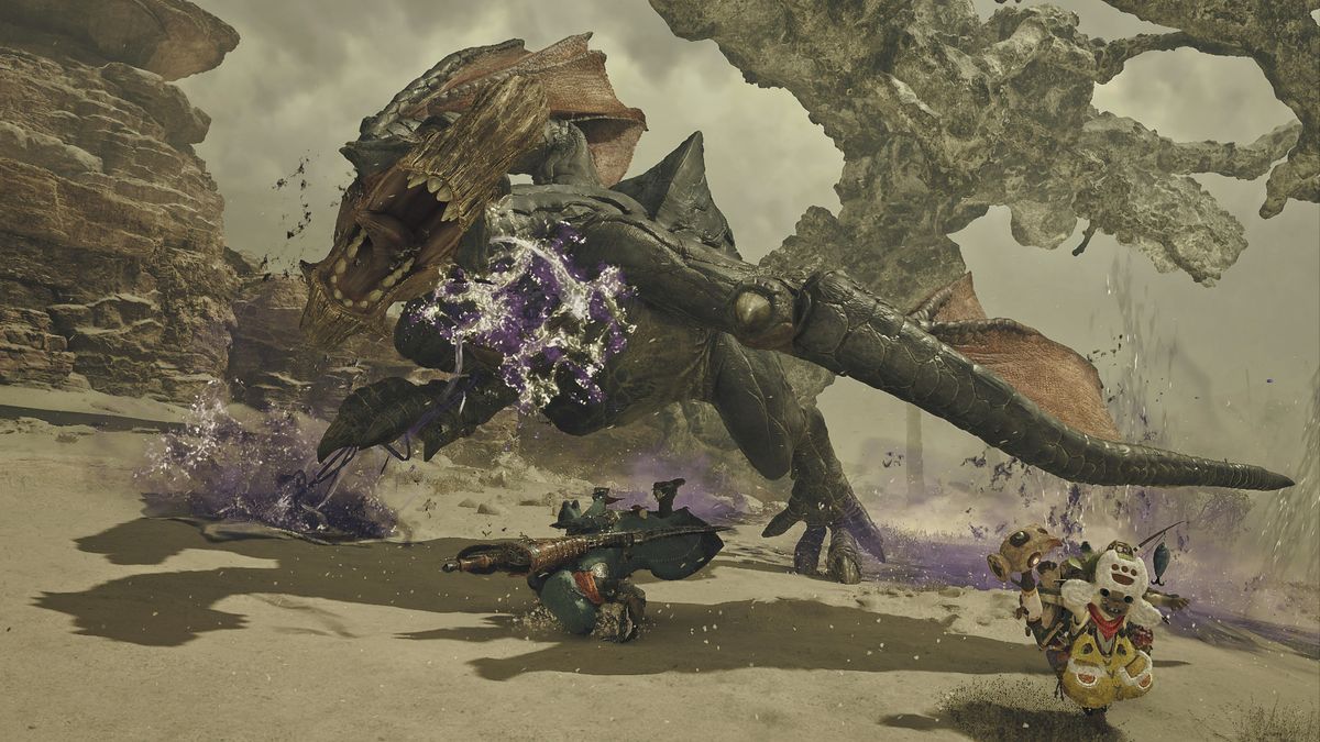 Promotional screenshot of the player hunting a Gypceros in Monster Hunter Wilds