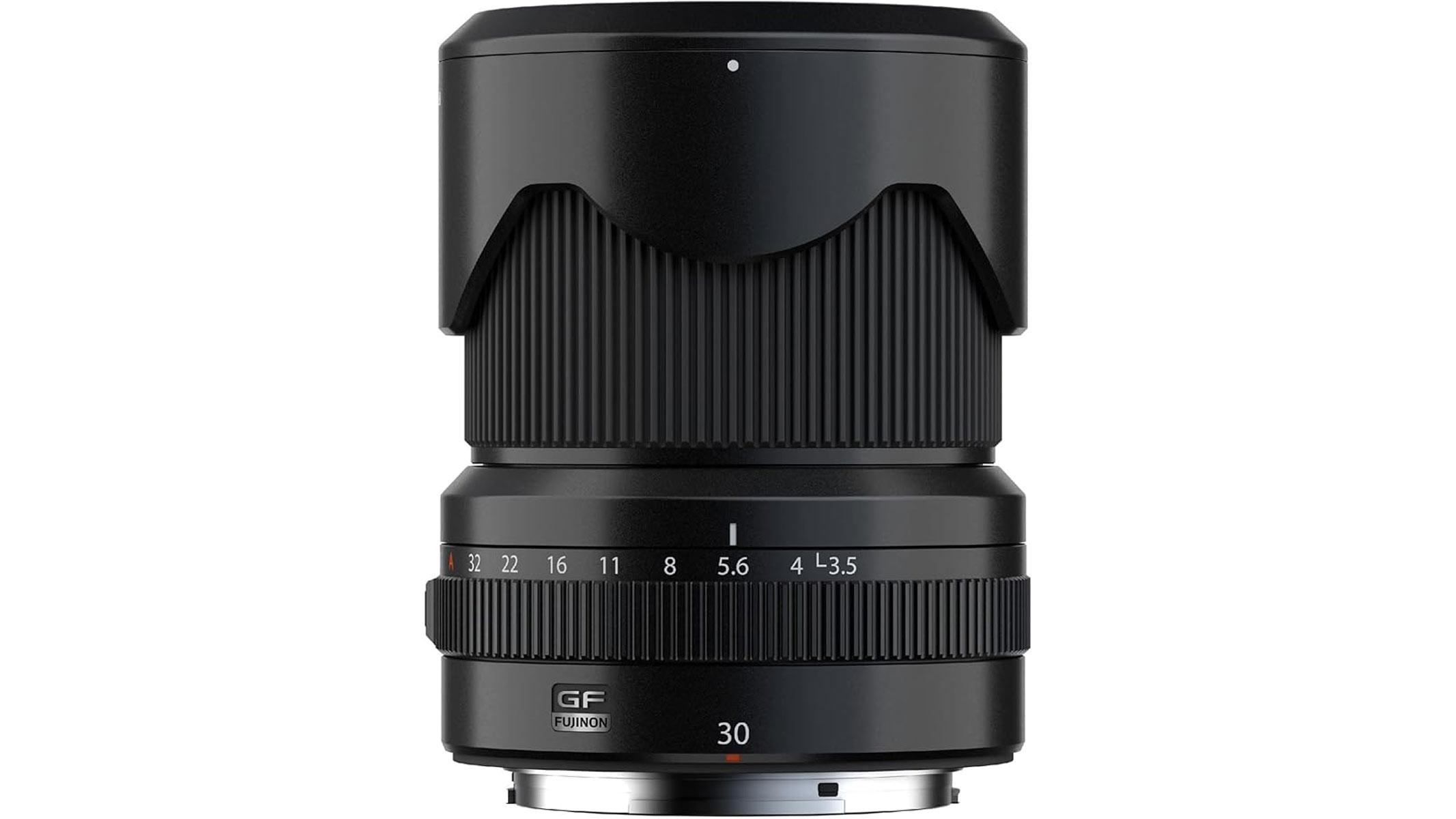 A Fujifilm GF 30mm f/3.5 R WR lens standing upright