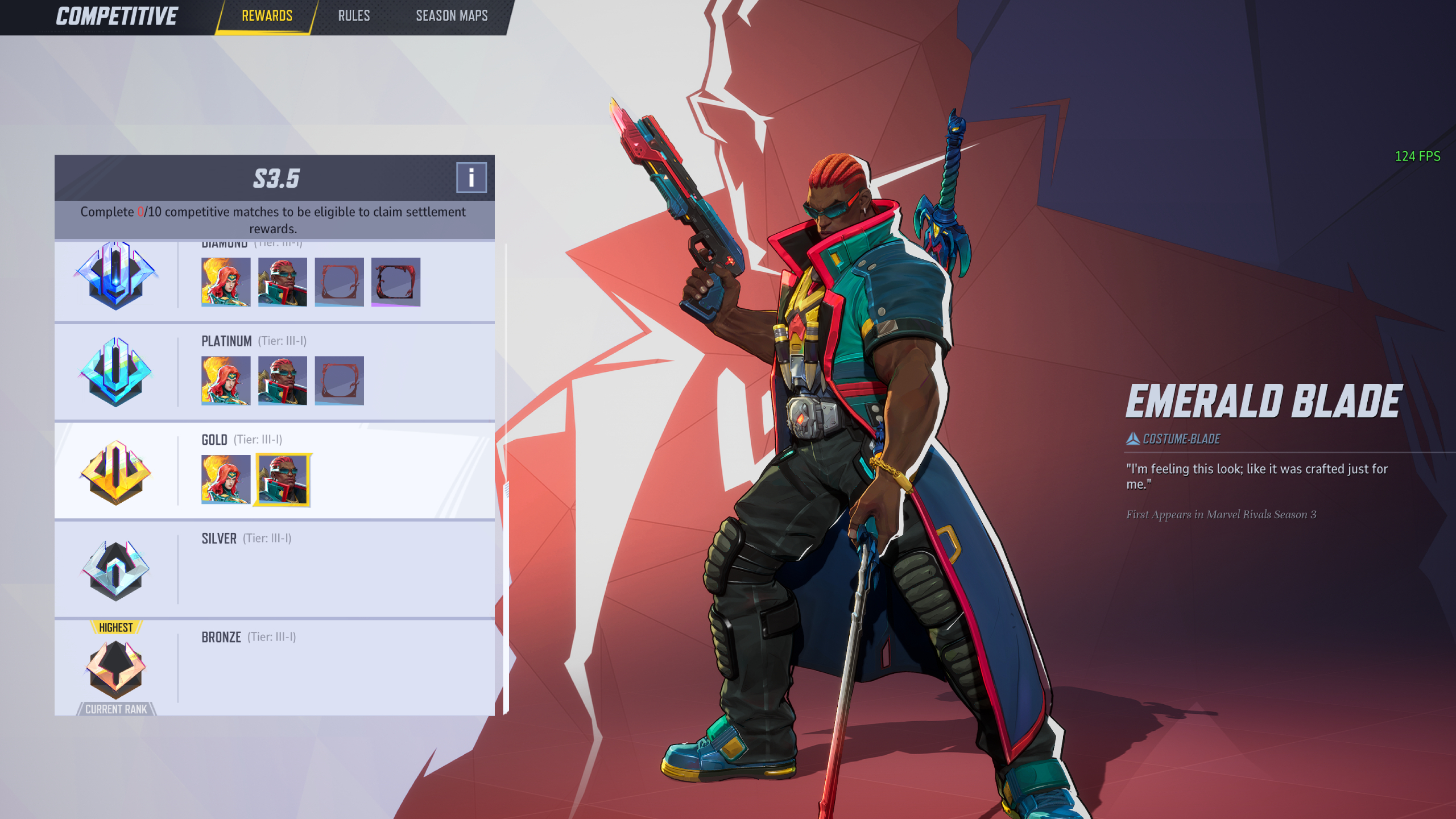 Marvel Rivals ranked rewards: The Emerald Blade skin for Blade in the rewards preview screen.