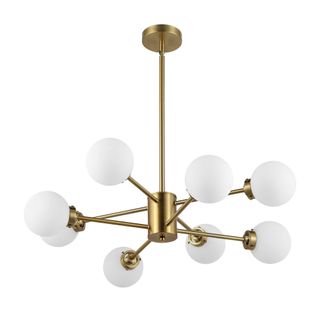 A brushed gold sputnik chandelier with eight white circular lamps on the ends