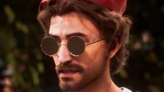 A character in Clair Obscur: Expedition 33 wearing round glasses and a beret in the sunlight