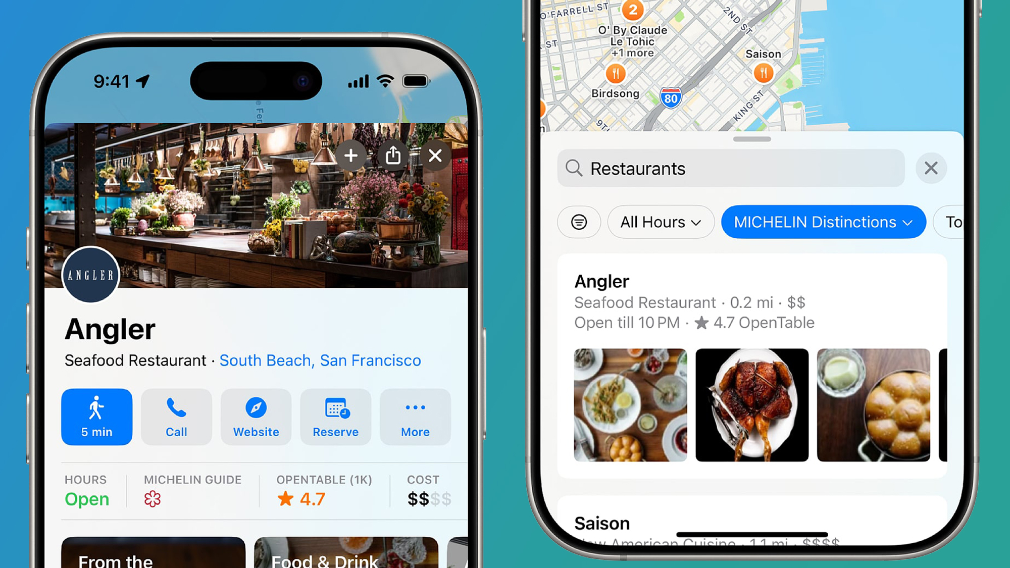 Two iPhones on a blue and green background showing restaurants on Apple Maps