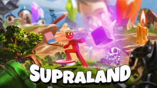A poster for Supraland on PC, showing a red stick figure and a purple levitating cube in a forest setting.