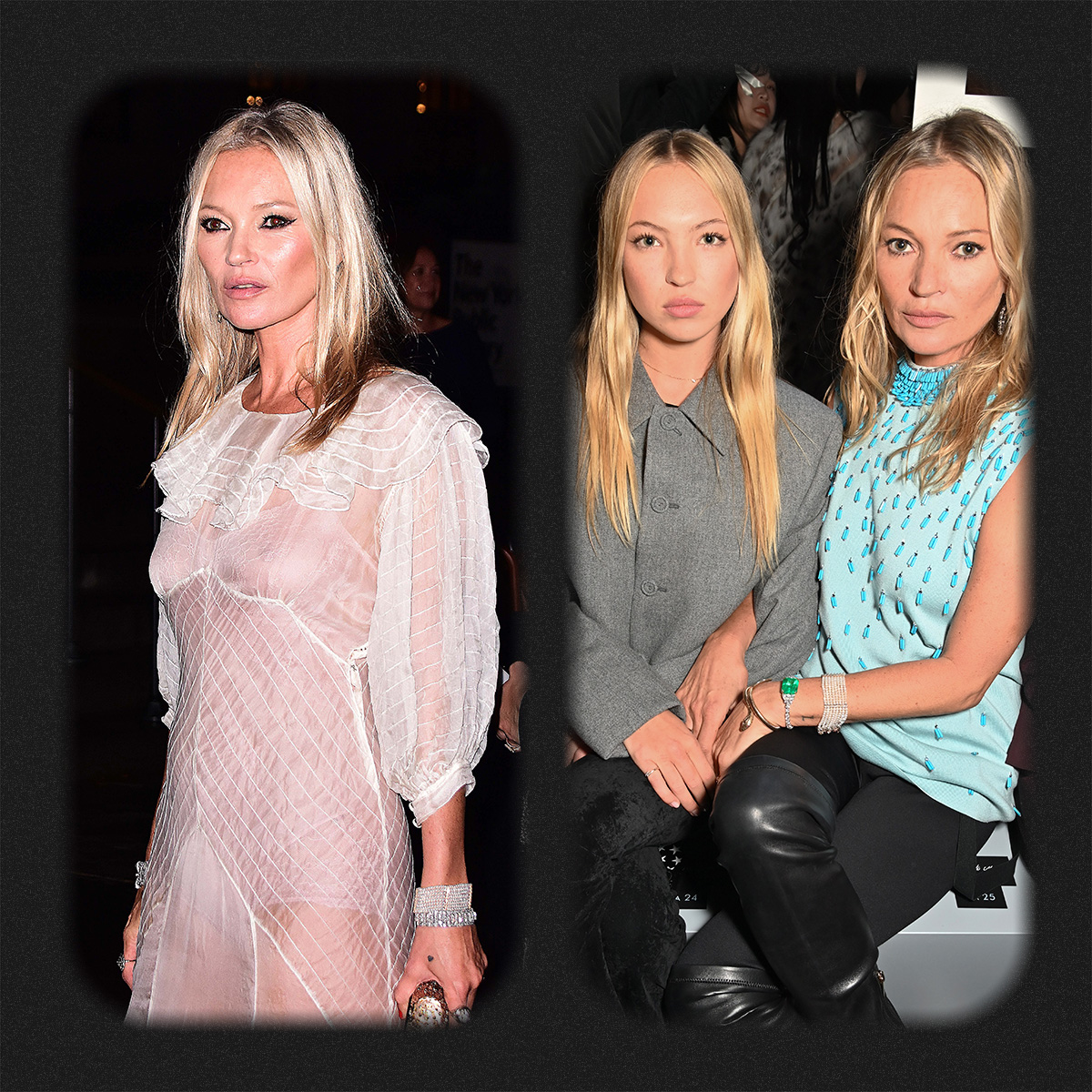 Kate Moss in a sheer dress; Kate Moss with daughter, Lila, at a fashion show