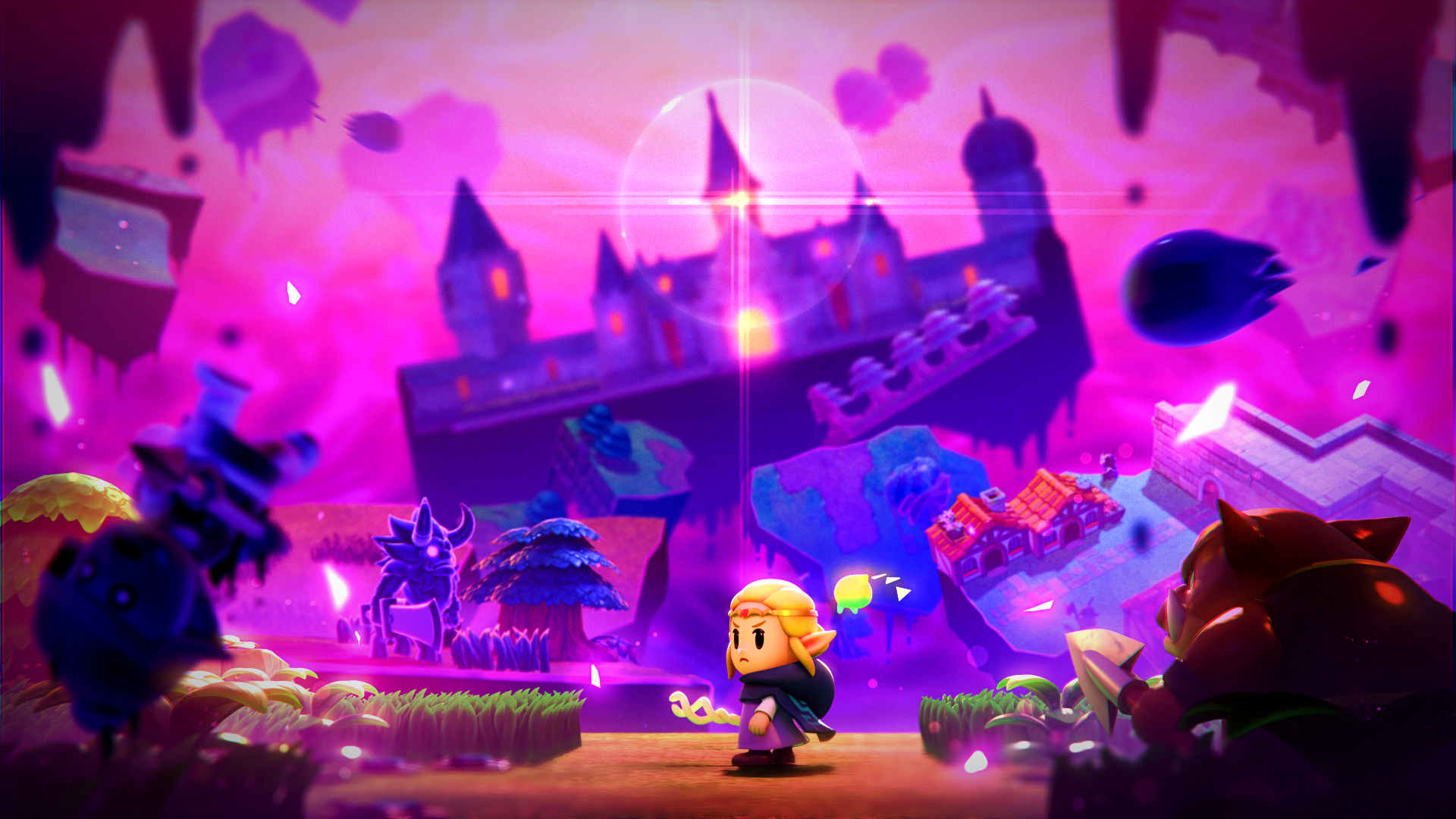 The Legend of Zelda: Echoes of Wisdom art showing princess Zelda standing before a floating Hyrule Castle as the sky glows a deep purple color and enemies surround her