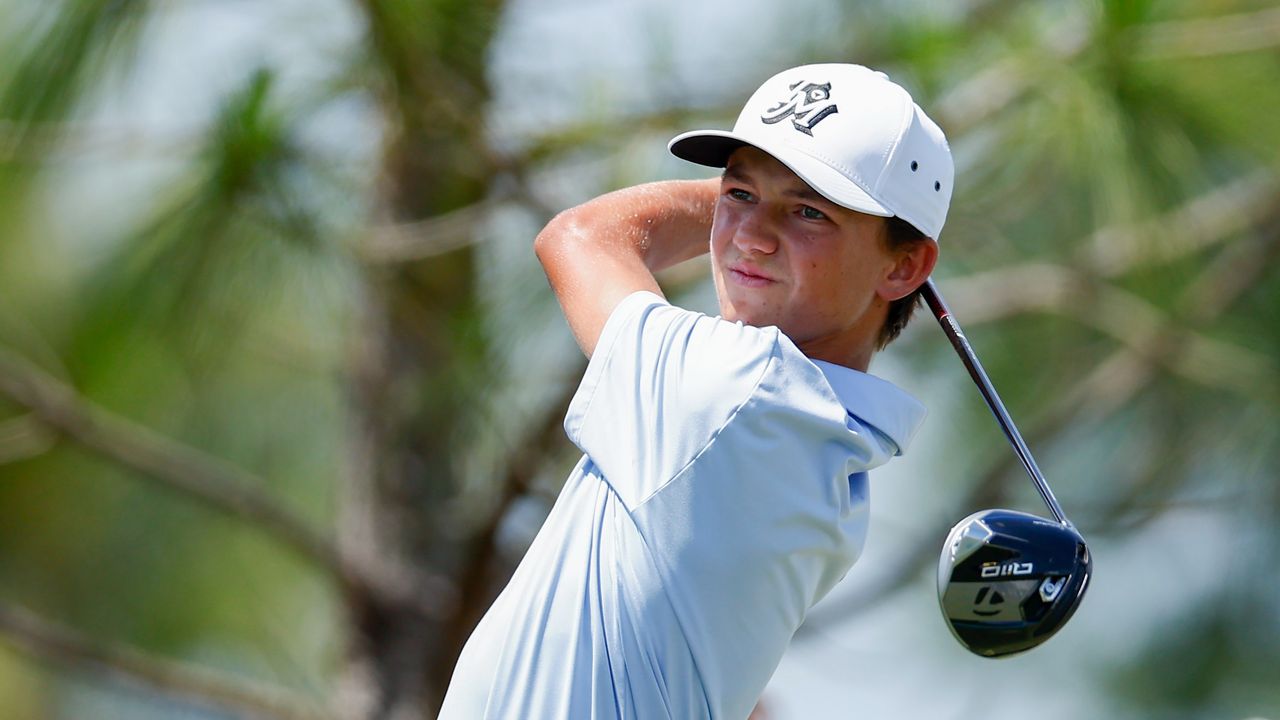 Miles Russell hits from the first tee during the second round of the LECOM Suncoast Classic at Lakewood National Golf Club Commander 