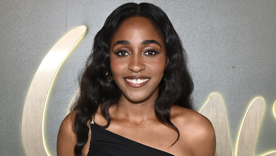 Ayo Edebiri attends the Walt Disney Company Post-Emmys® Celebration on September 15, 2024 in Los Angeles, California wearing a one-shoulder black dress.