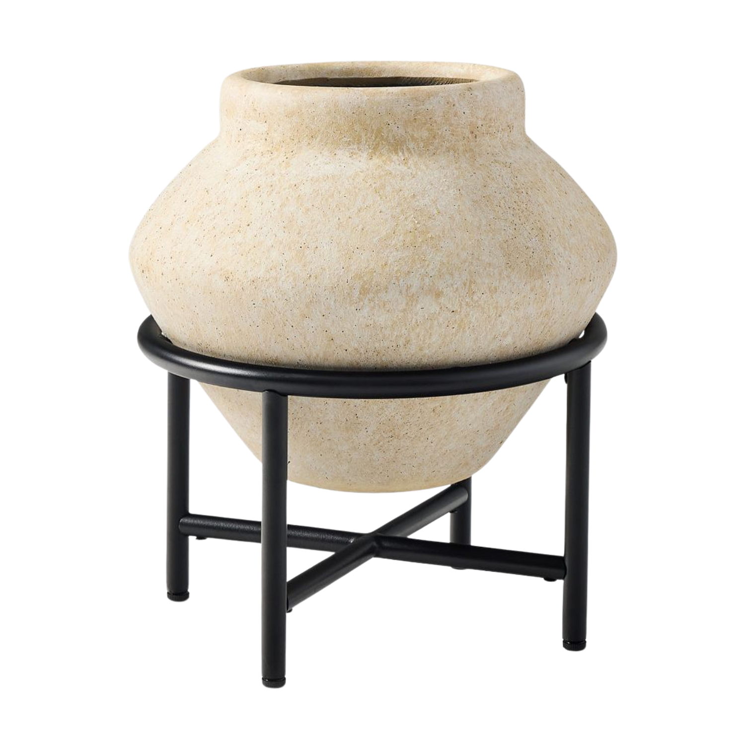 An off white geometric urn planter with a stand