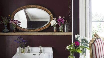 Burgundy bathroom micro trend, dark red walls above a sink basin