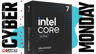 An Intel CPU with a blue Cyber Monday background.