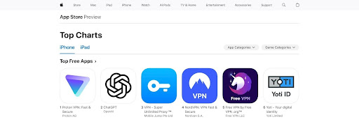VPN Apps Proton VPN, Super VPN, and NordVPN at the top of the most downloaded charts on iPhone