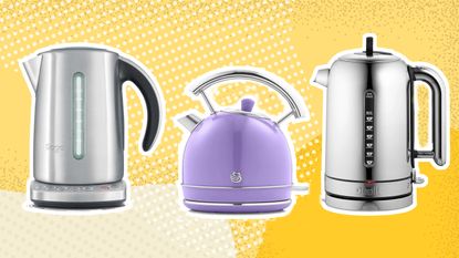 A trio of electric kettles on yellow abstract background