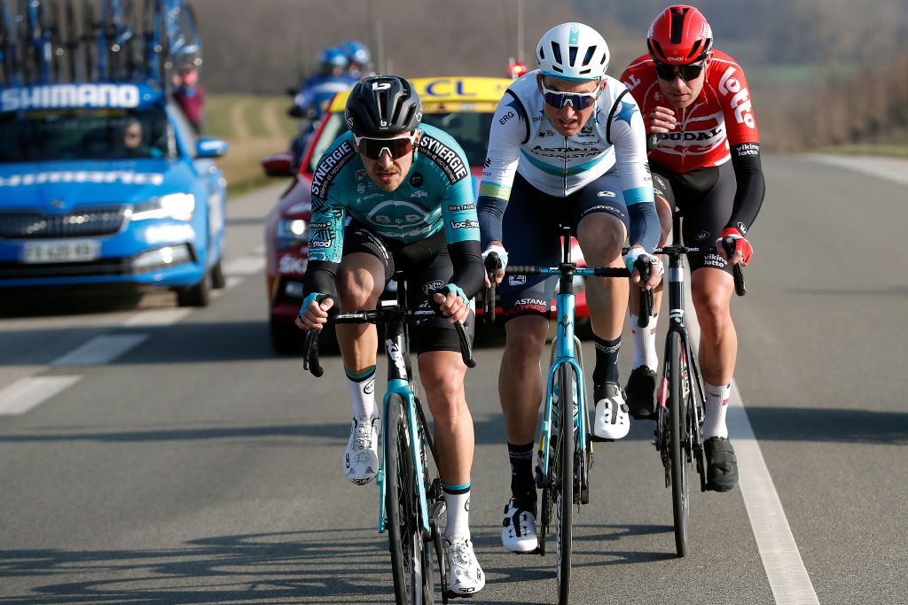 MANTESLAVILLE FRANCE MARCH 06 LR Alexis Gougeard of France and Team BB Hotels PB KTM Yevgeniy Fedorov of Kazahkstan and Team Astana Qazaqstan and Frederik Frison of Belgium and Team Lotto Soudal compete in the breakaway during the 80th Paris Nice 2022 Stage 1 a 160km stage from ManteslaVille to ManteslaVille ParisNice WorldTour on March 06 2022 in ManteslaVille France Photo by Bas CzerwinskiGetty Images