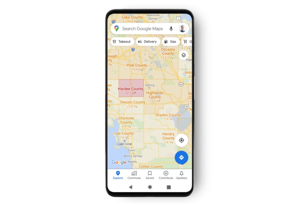 Google Maps COVID-19 overlay in Florida