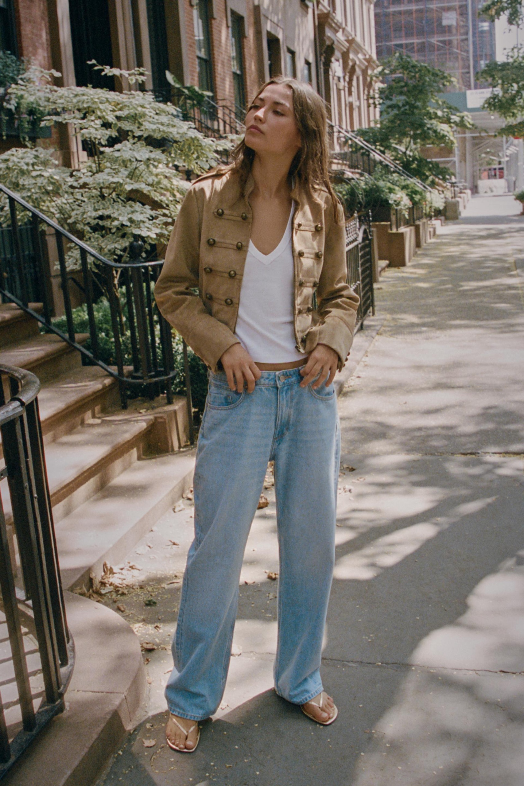 Faux Suede Jacket With Frog Fastening - Camel - Xs