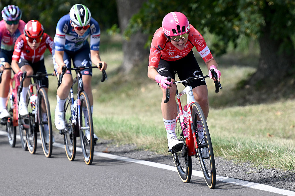 CHELM, POLAND - AUGUST 13: Alison Jackson of Canada and Team EF Education-Oatly during the 13th Tour de Pologne Feminin, Stage 2 a 100km stage from Chelm to Chelm on August 13, 2025 in Chelm, Poland (Photo by Szymon Gruchalski/Getty Images)
