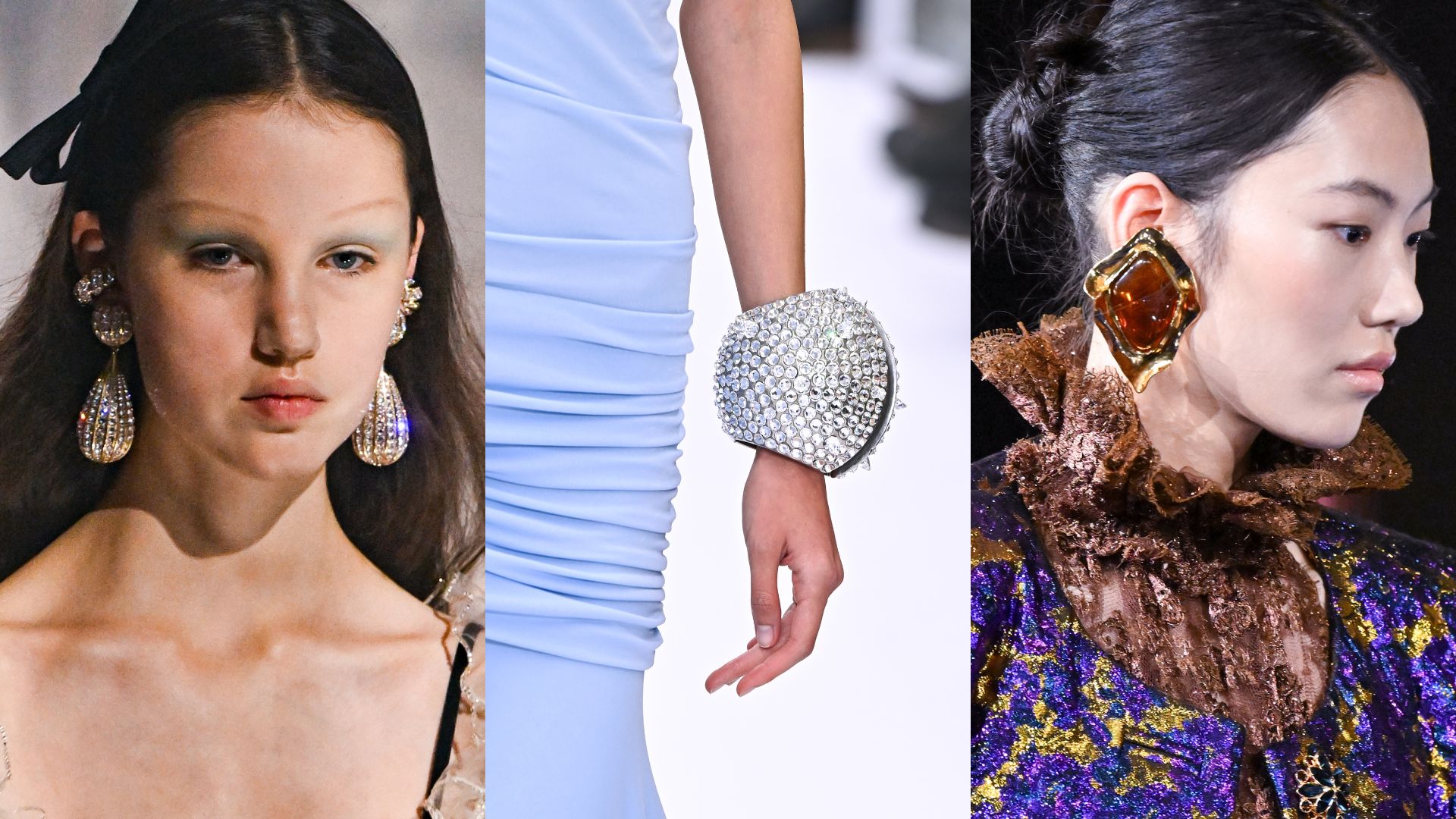 Three models showcase different types of sculptural jewellery