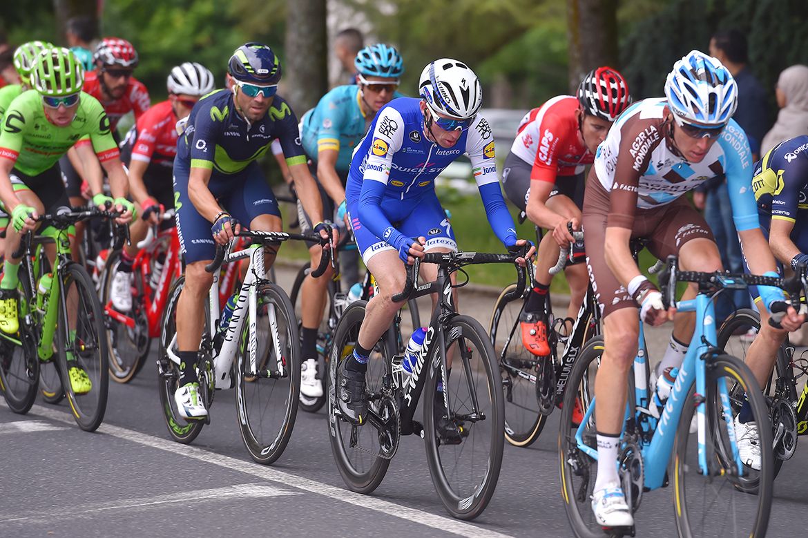 Romain Bardet, Dan Martin and Alejandro Valverde in the Crit&eacute;rium du Dauphin&eacute; peloton