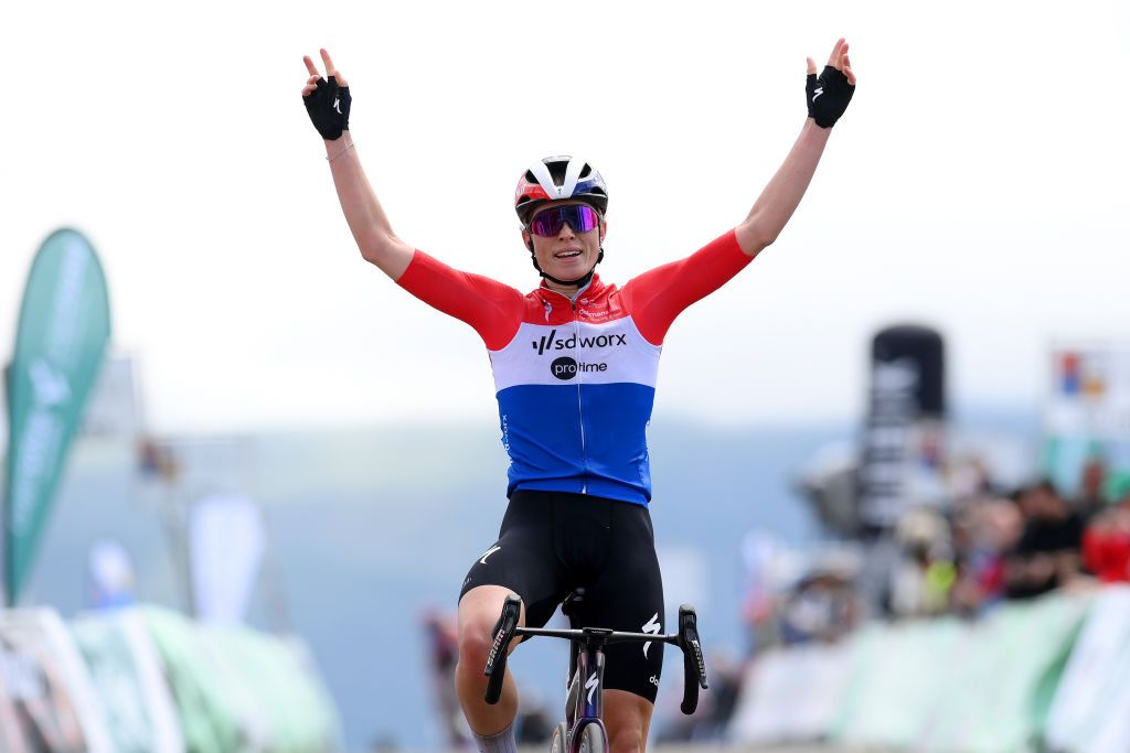 ALTO DE ROSALES SPAIN MAY 17 Demi Vollering of The Netherlands and Team SD Worx Protime celebrates at finish line as stage winner during the the 9th Vuelta a Burgos Feminas 2024 Stage 2 a 123km stage from Briviesca to Alto de Rosales 790m on UCIWWT May 17 2024 in Alto de Rosales Spain Photo by Alex BroadwayGetty Images