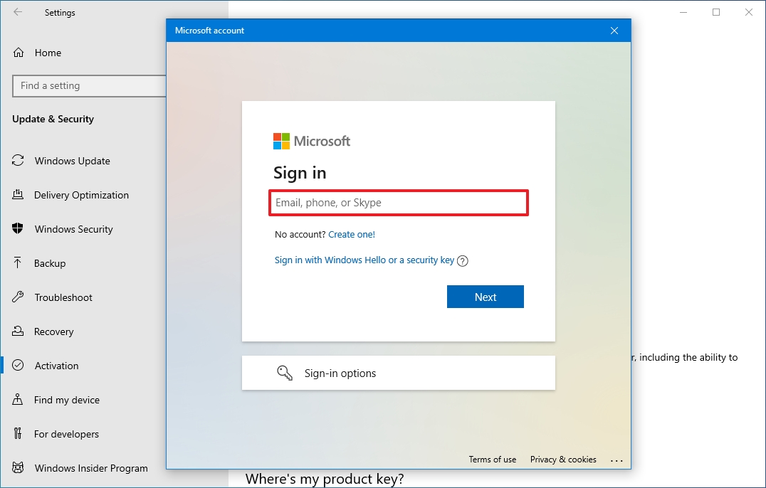 Вход в учетную запись Microsoft в Windows 10