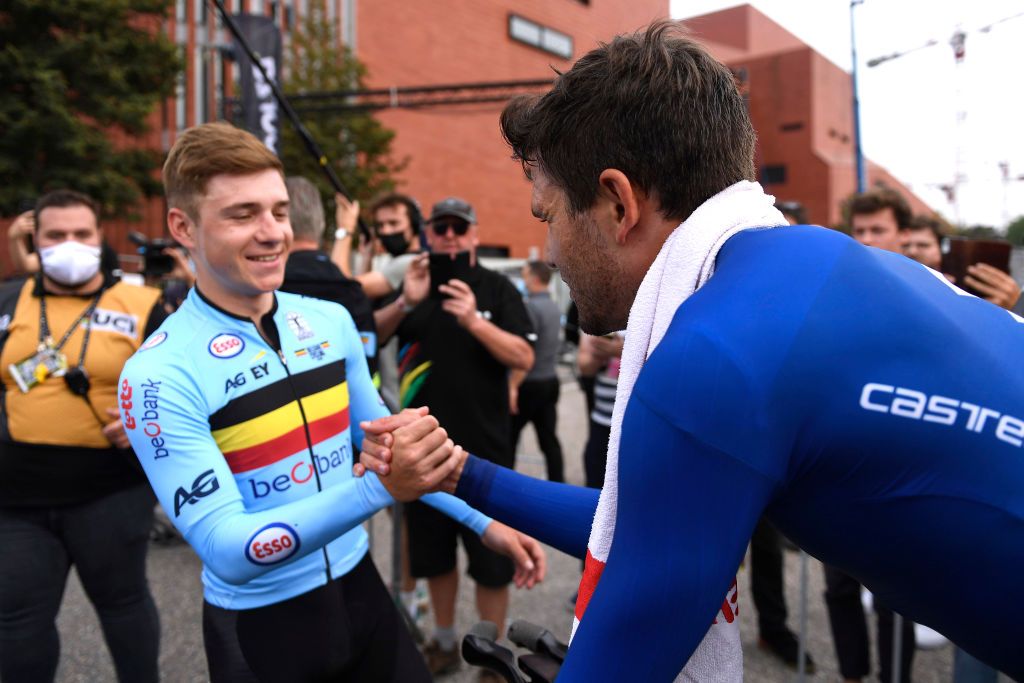 Belgian&#039;s Remco Evenepoel finished third in elite men&#039;s time trial in Flanders at the Road World Championships, and congratulated winner Filippo Ganna (Italy)