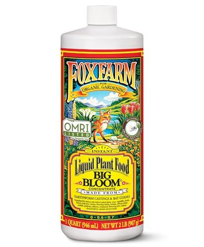 Fox Farm Big Bloom Liquid Plant Food - Organic Bloom Fertilizer for Flowering & Fruiting Plants, Contains Earthworm Castings & Bat Guano - Supports All Stages of Plant Growth - 0-0.5-0.7 Npk, 1 Quart