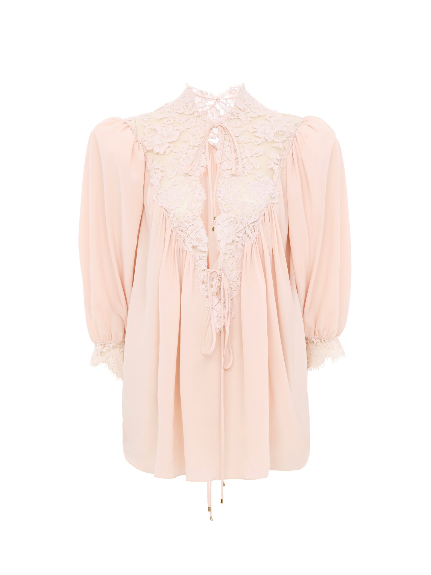Fluid Puff-Sleeve Top in Cr&ecirc;pe De Chine &amp; Lace