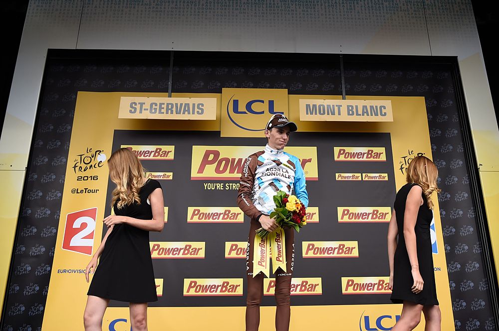 Romain Bardet on the podium after winning stage 19 at the Tour de France