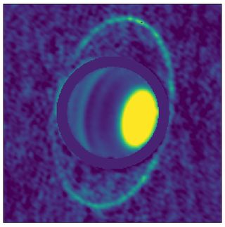 A composite image of the atmosphere and rings of Uranus seen in thermal emission.