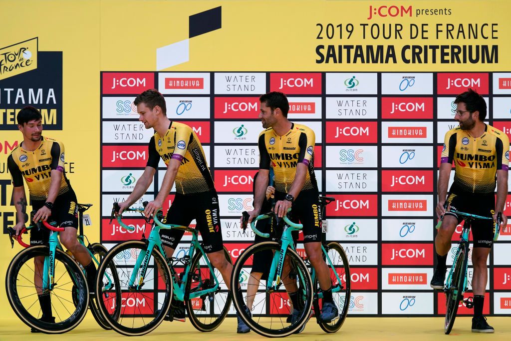 Riders do karate and football-darts before the 2019 Saitama Tour de France criterium
