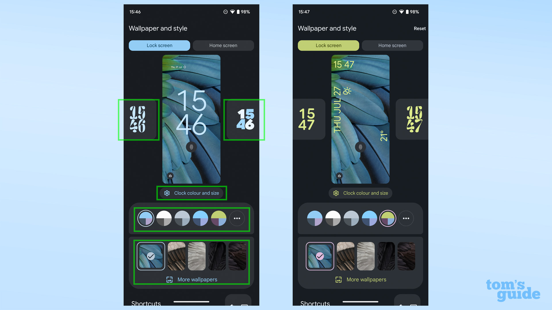 Два снимка экрана, показывающие параметры настройки часов, цвета и экрана блокировки обоев в Android 14.
