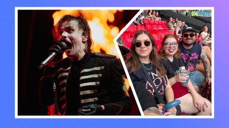 an image of MCR performing spliced with an image of Saskia in the crowd with her friends