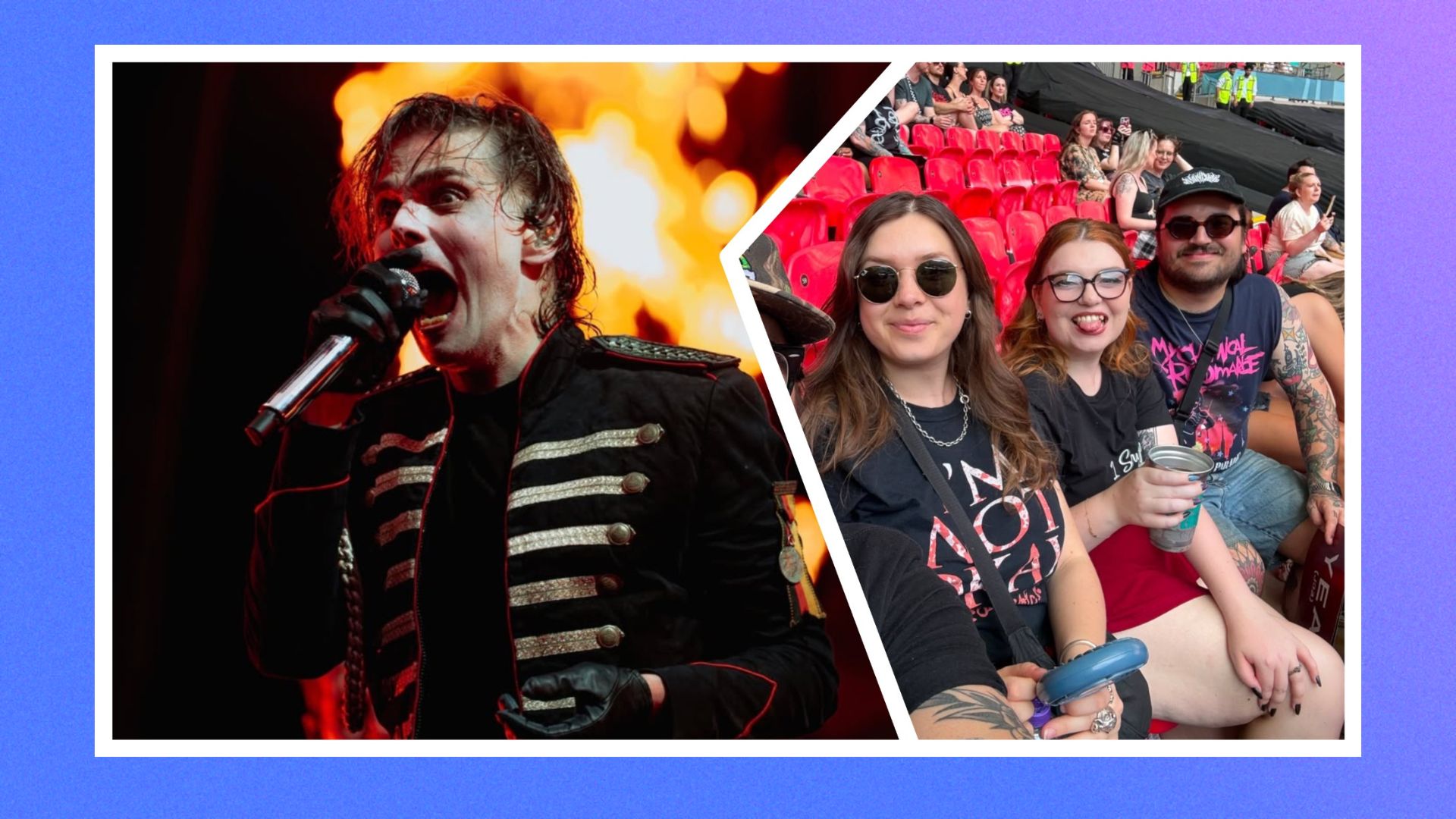 an image of MCR performing spliced with an image of Saskia in the crowd with her friends